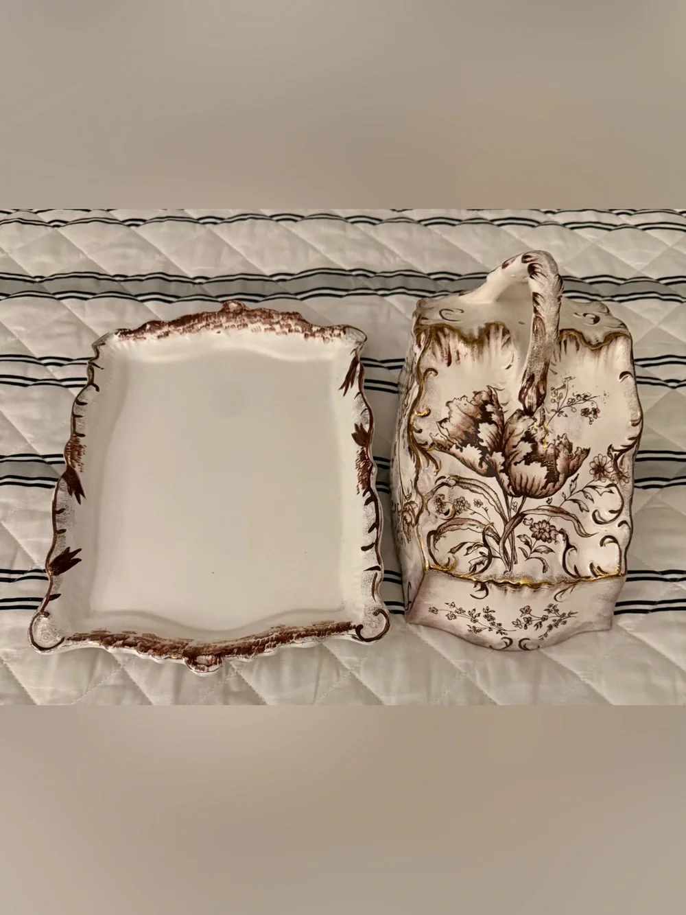 Victoria Ware Ironstone Burgundy, Gold, White Cheese Bread Serving Dish Vintage